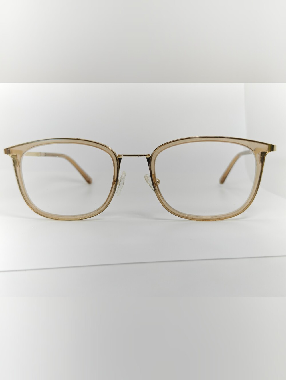 Amber. Classic Clear Amber Square Eyeglasses. Nose Pads.